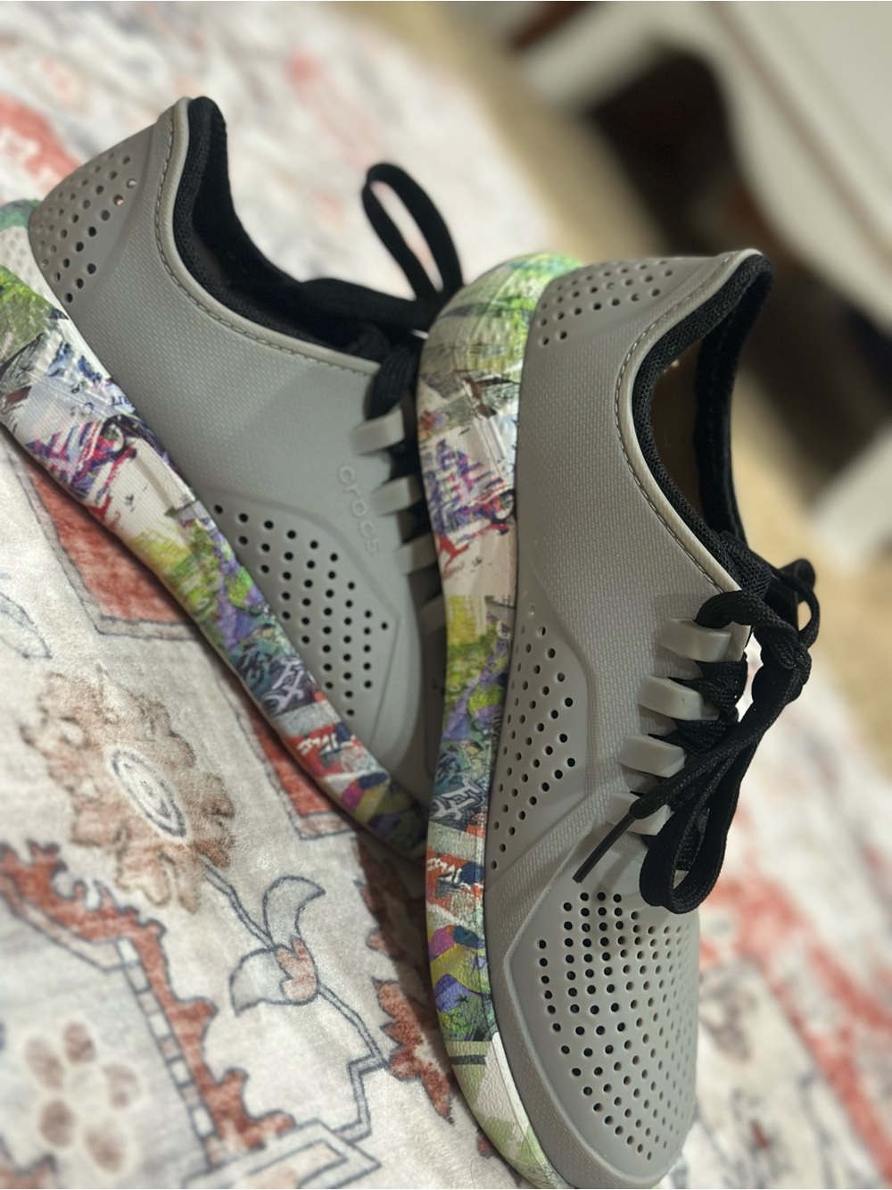 CROCS Gray and Black Lace-Up Sneakers with Multicolor Graphic Sole